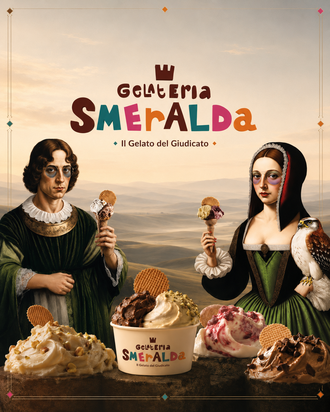 Grafica estiva Gelateria Smeralda con persone e gelato
